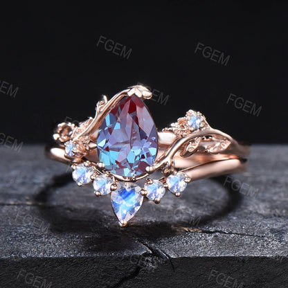 1.25ct Pear Alexandrite Moonstone Bridal Set Nature Inspired Alexandrite Engagement Ring Leaf Vine Branch Wedding Ring Unique Proposal Gifts