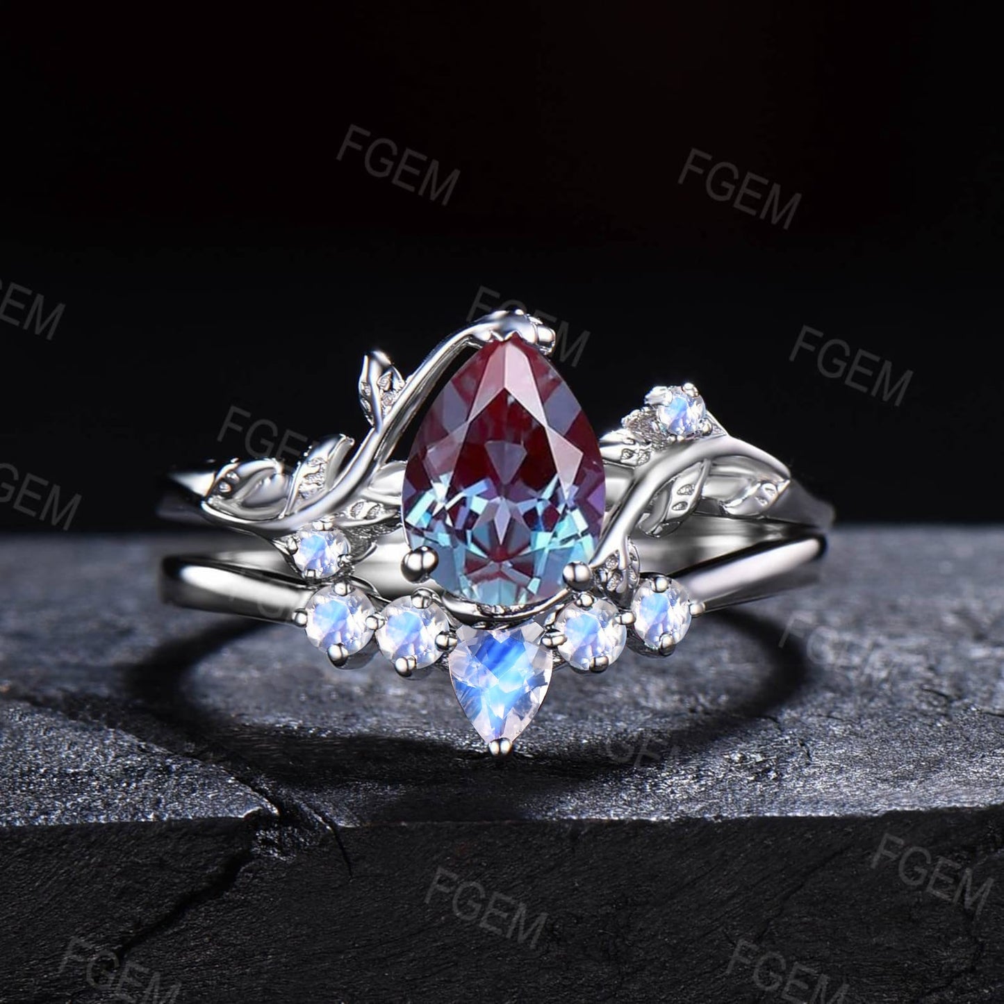 1.25ct Pear Alexandrite Moonstone Bridal Set Nature Inspired Alexandrite Engagement Ring Leaf Vine Branch Wedding Ring Unique Proposal Gifts