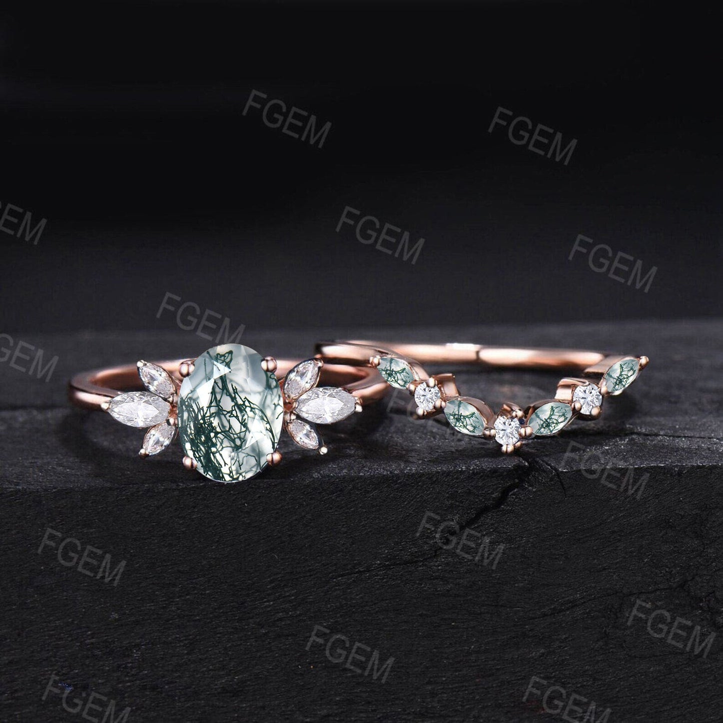 Unique 1.5ct Oval Natural Moss Agate Engagement Ring Set Cluster Moissanite Wedding Ring Vintage 10K Rose Gold Green Agate Stone Bridal Sets