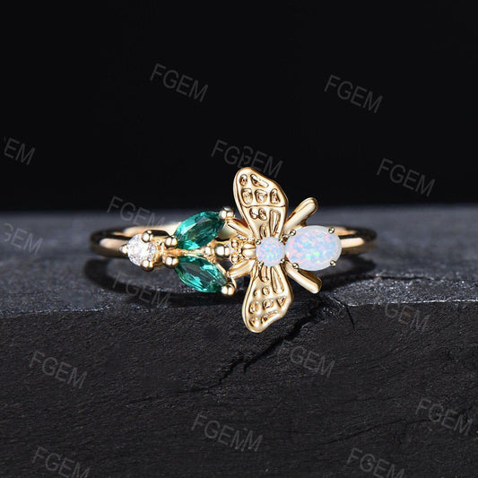 Dainty Honey Bee White Opal Promise Ring Simple 18K Solid Gold Tiny Bee Spring Ring Personalized Green Emerald Leaf Ring For Women Girls