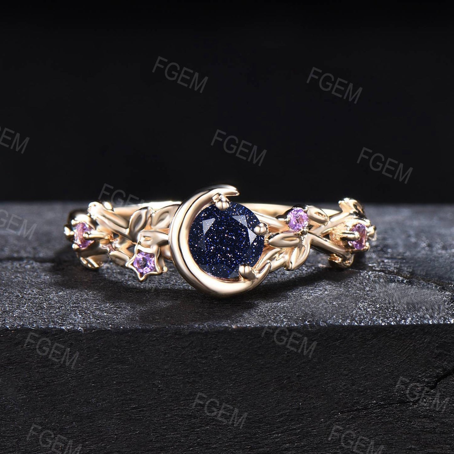 Nature Inspired Galaxy Blue Goldstone Amethyst Engagement Ring Moon Star Design Round Blue Sandstone Ring Branch Leaf Amethyst Wedding Rings