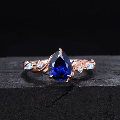 Nature Inspired Blue Sapphire Leaf Engagement Ring 1.25ct Pear Cut Blue Sapphire Bridal Set Branch Vine Twig Natural Moonstone Wedding Rings