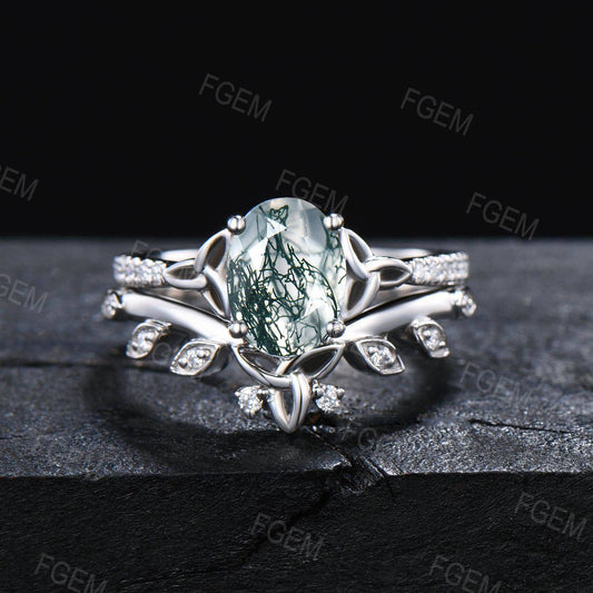 Oval Cut Natural Moss Agate Engagement Ring Set Platinum Ring Green Gemstone Jewelry Celtic Knot Triquetra Moissanite Moss Bridal Ring Set
