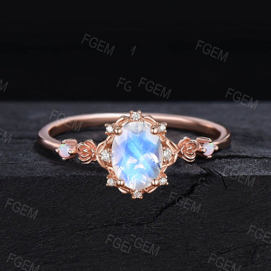 1.5ct Oval Cut Natural Moonstone Engagement Ring Rose Flower Floral Opal Ring Nature Inspired Twig Leaf Moonstone Ring June Birthstone Gifts