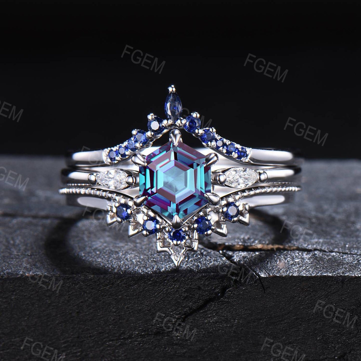 1ct Hexagon Cut Color-Change Alexandrite Ring Set Sterling Silver Alexandrite Blue Sapphire Wedding Ring June Birthstone Promise Ring Gifts