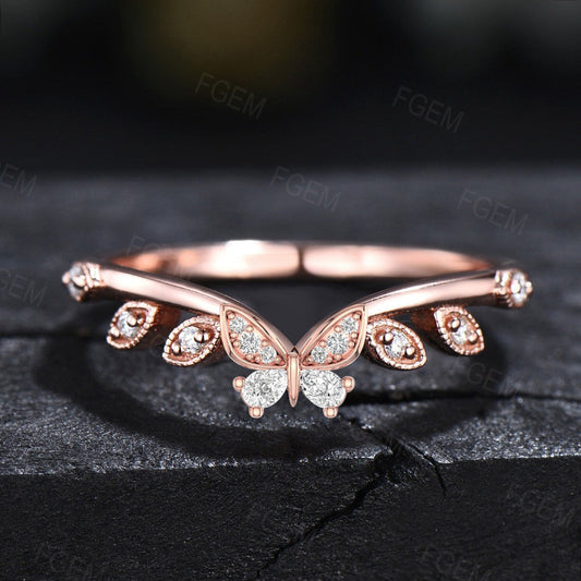 Sterling Silver Marquise Leaf Moissanite Wedding Band For Women Butterfly Curve Wedding Stacking Ring Matching Contour Band Anniversary Ring