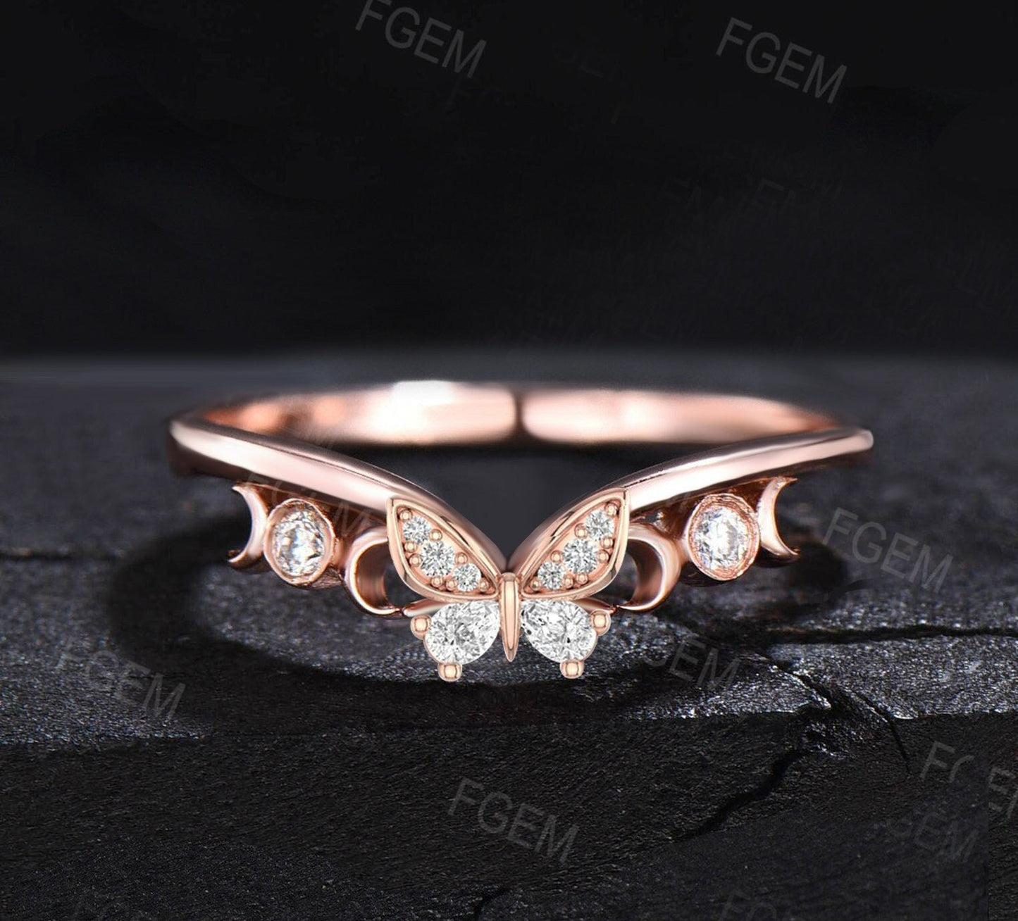 Moissanite Wedding Band Butterfly Ring Band Rose Gold Silver Crescent Triple Moon Curved Matching Contour Band For Women Anniversary Gifts