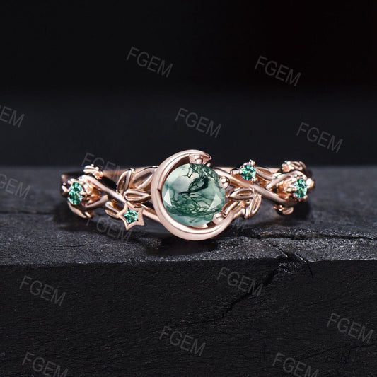Nature Inspired Round Natural Moss Agate Engagement Ring 10K Solid Gold Moon Star Design Promise Ring Branch Leaf Green Emerald Wedding Ring