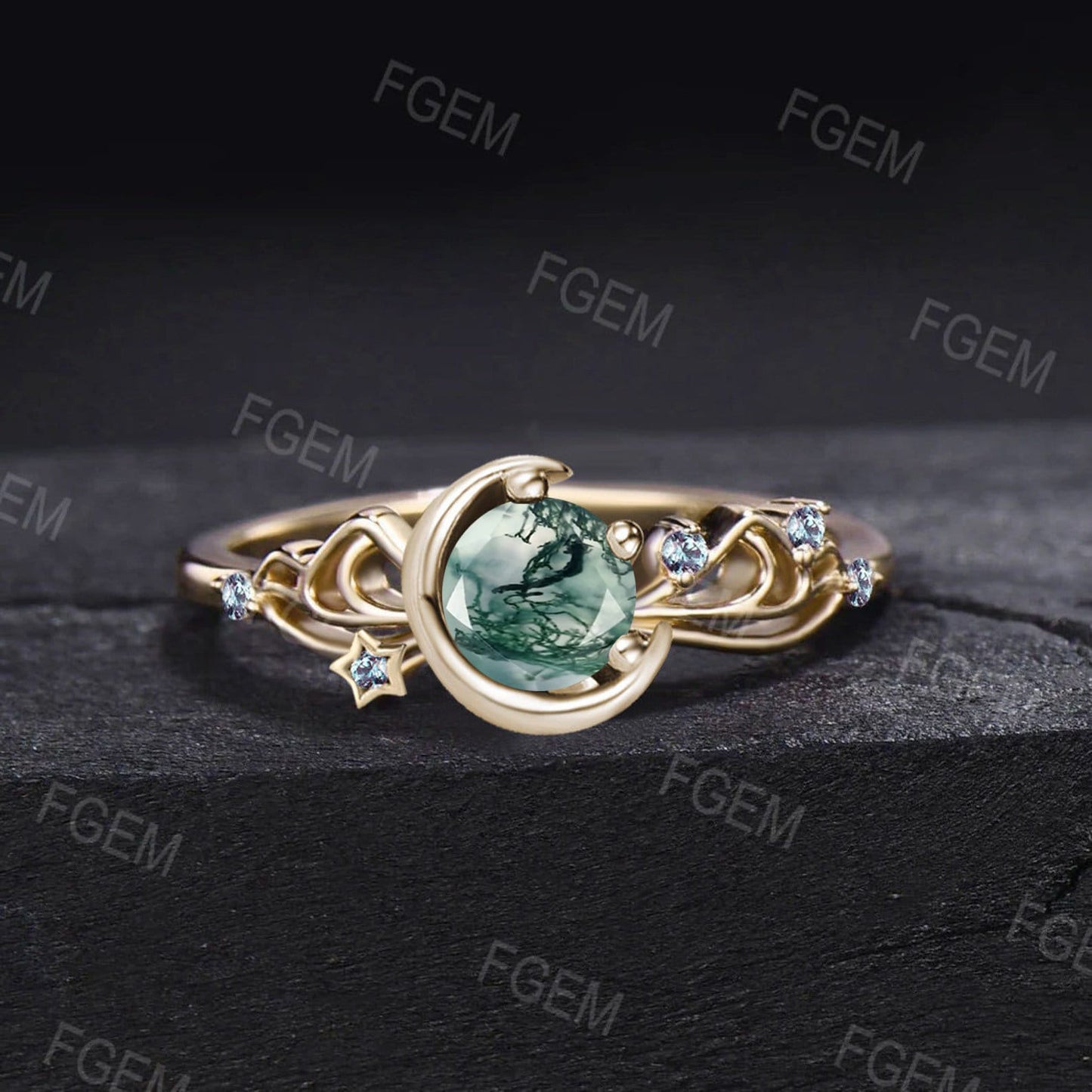 Unique 5mm Round Natural Moss Agate Rings 10K Rose Gold Sailor Moon Inspired Bowknot Promise Ring Cluster Alexandrite Moon Star Wedding Ring