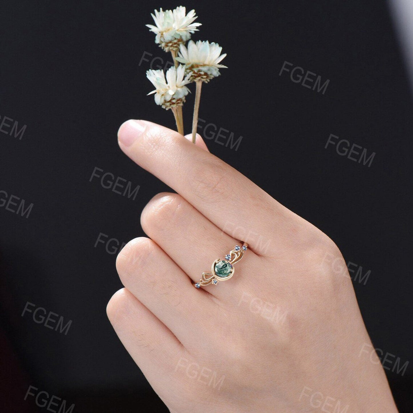 Unique 5mm Round Natural Moss Agate Rings 10K Rose Gold Sailor Moon Inspired Bowknot Promise Ring Cluster Alexandrite Moon Star Wedding Ring