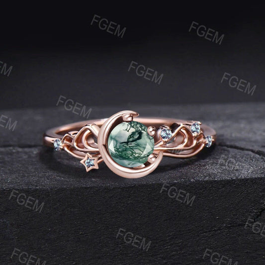 Unique 5mm Round Natural Moss Agate Rings 10K Rose Gold Sailor Moon Inspired Bowknot Promise Ring Cluster Alexandrite Moon Star Wedding Ring