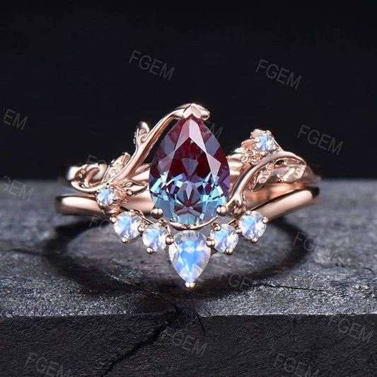 1.25ct Pear Alexandrite Moonstone Bridal Set Nature Inspired Alexandrite Engagement Ring Leaf Vine Branch Wedding Ring Unique Proposal Gifts