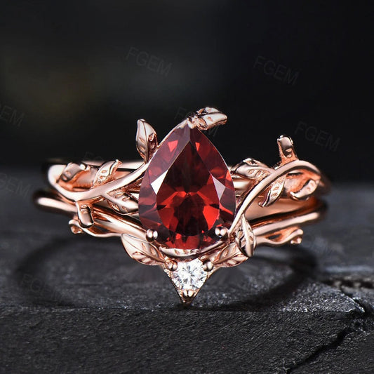 1.25ct Pear Natural Garnet Engagement Ring Red Gemstone Jewelry 10K/14K/18K Rose Gold Twig Leaf Garnet Bridal Set January Birthstone Gifts