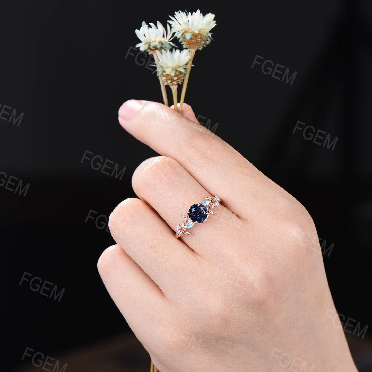 1ct Nature Inspired Round Cut Blue Sandstone Engagement Ring Cluster Blue Moonstone Ring Blue Goldstone Promise Ring Anniversary Gift Women