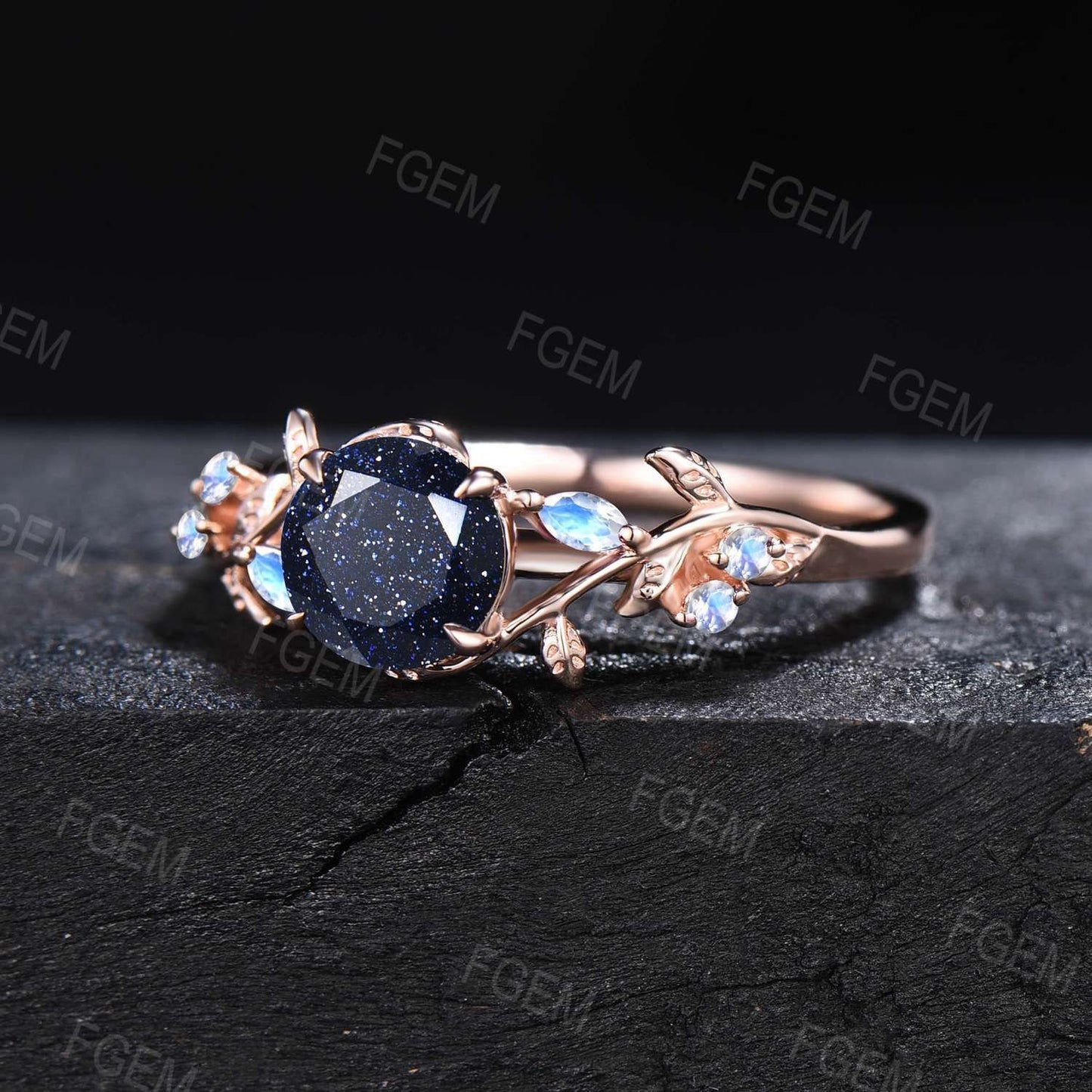 1ct Nature Inspired Round Cut Blue Sandstone Engagement Ring Cluster Blue Moonstone Ring Blue Goldstone Promise Ring Anniversary Gift Women