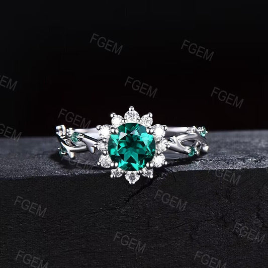 Sunflower Emerald Engagement Ring Round Green Emerald Twig Wedding Ring 10K White Gold Nature Inspired Leaf Floral Emerald Ring Promise Gift