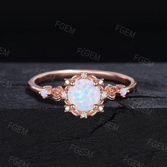1ct Round Cut White Opal Engagement Ring Rose Flower Floral Opal Ring Nature Inspired Twig Leaf Opal Ring October Birthstone Birthday Gifts