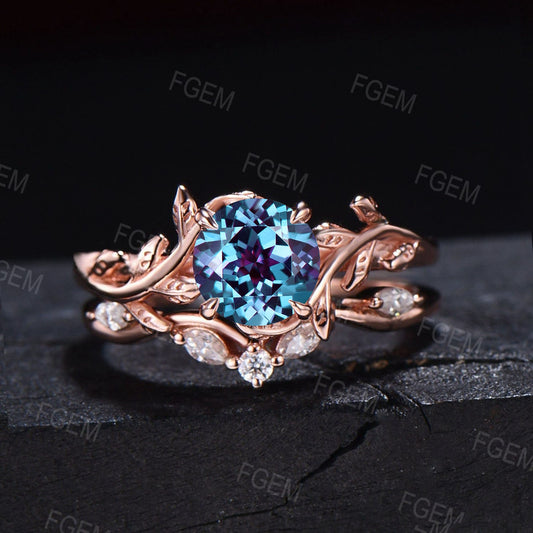 1CT Round Cut Color-Change Alexandrite Engagement Ring Nature Inspired Alexandrite Bridal Set Vintage Unique Branch Moissanite Wedding Ring