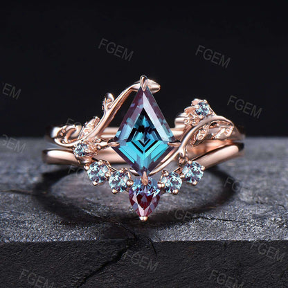Kite Alexandrite Bridal Set Nature Inspired Color-Change Alexandrite Engagement Ring Leaf Vine Branch Wedding Ring Unique Anniversary Gifts