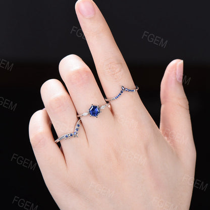 Sterling Silver Blue Sapphire Engagement Ring Vintage 1ct Hexagon Bridal Set September Birthstone Promise Ring Blue Gemstone Jewelry Women