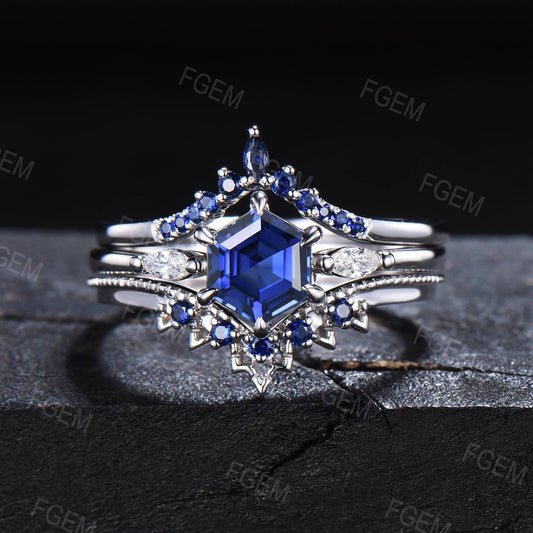 Sterling Silver Blue Sapphire Engagement Ring Vintage 1ct Hexagon Bridal Set September Birthstone Promise Ring Blue Gemstone Jewelry Women