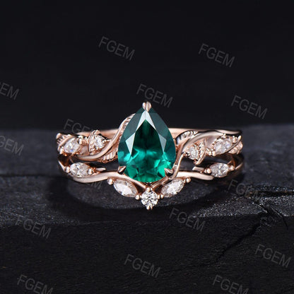 Nature Inspired Green Emerald Engagement Ring Twist Band 1.25ct Pear Emerald Moissanite Wedding Ring Set Leaf Vine Branch Emerald Bridal Set